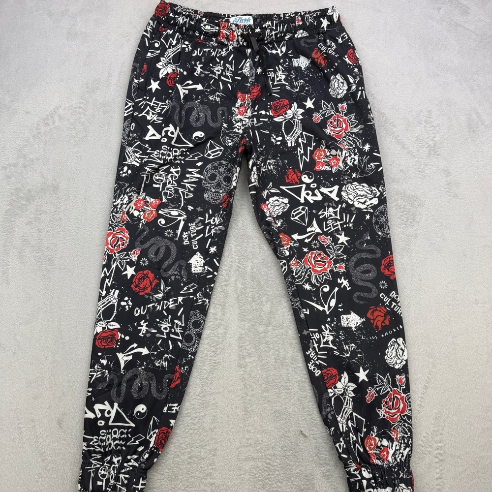Fresh Prints of Bel-Air Pants Mens Large Black Graffiti Rose Skull‎ Print Jogger